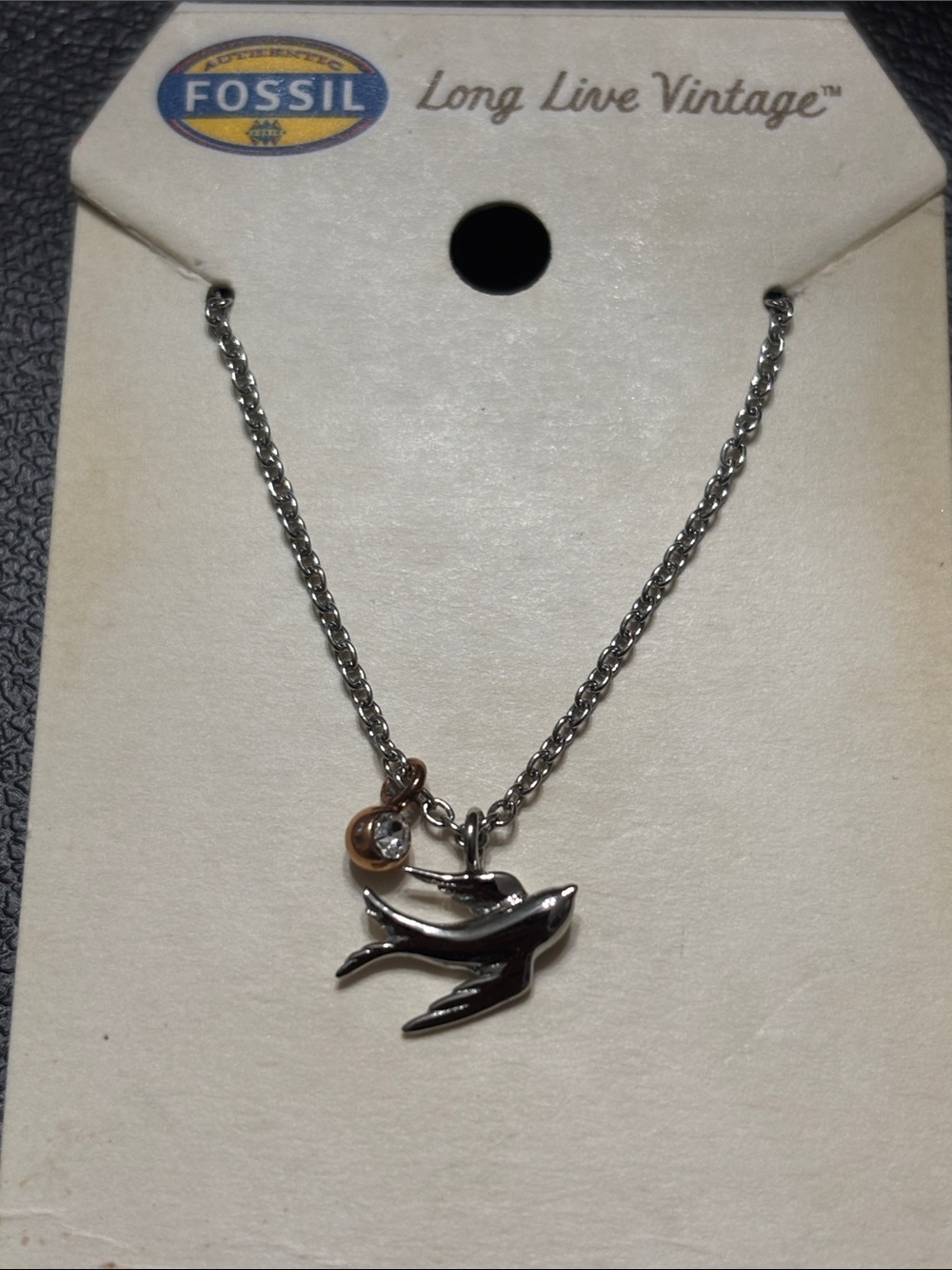 Fossil Silver-tone Bird Pendant Necklace with Crystal Accent